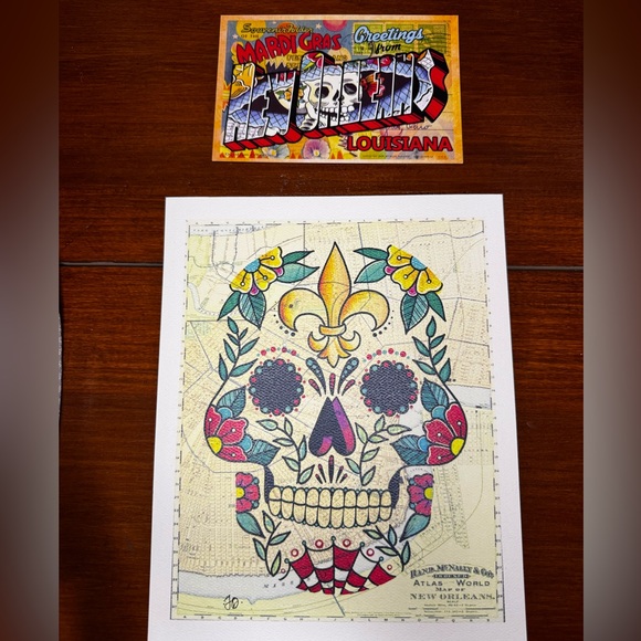 Skull Canvas Painting New Orleans Map & Mardi Gras Post Card St Louis Cathedral - Picture 3 of 9